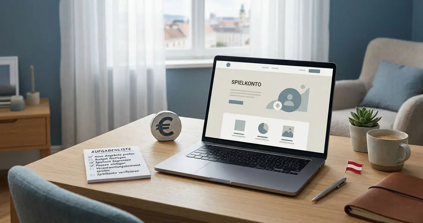 Laptop mit neutraler Casino-Oberfläche und österreichischem Prüfnotizbuch