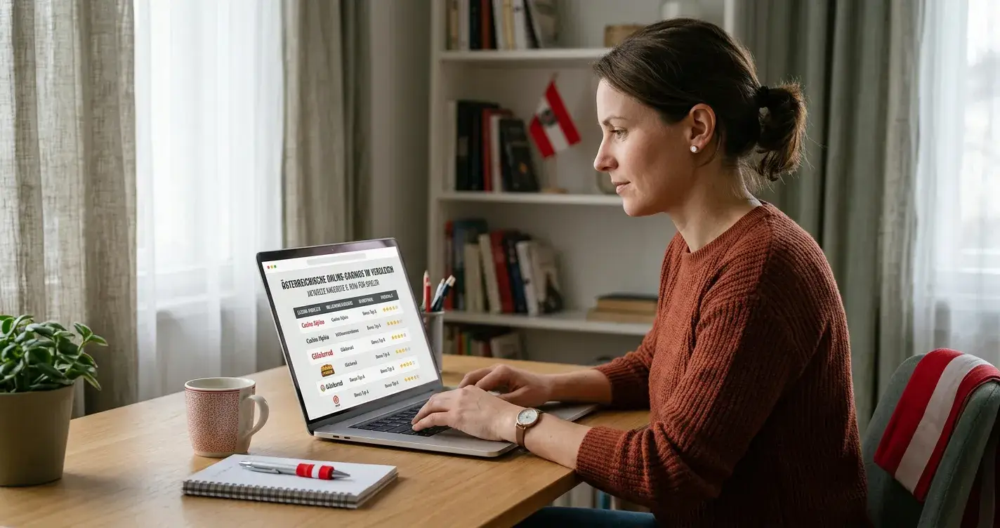 Laptop mit neutraler Casinovergleichsseite und österreichischer Landkarte