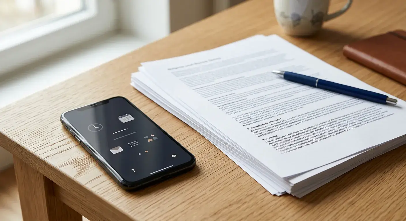 Neutrale Bonusbedingungen auf einem Schreibtisch neben einem Smartphone