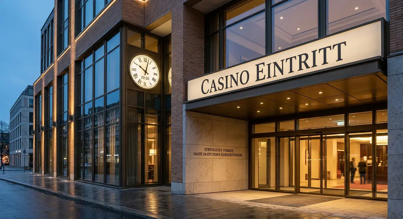 Casino-Eingang mit Uhr als Symbol für die 24-Stunden-Kurzzeitsperre