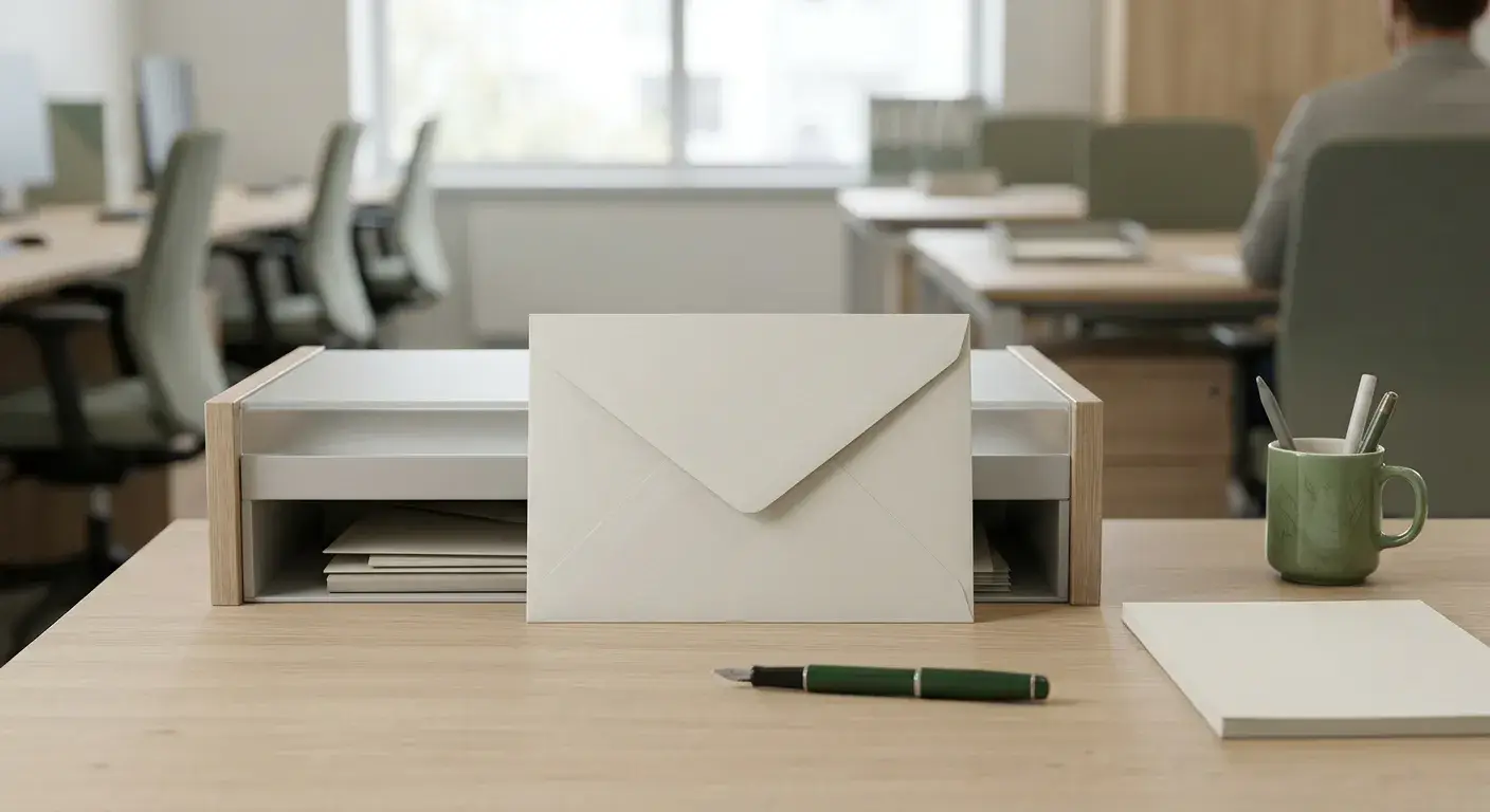 Neutraler Behördenbriefkasten und Umschlag als Sinnbild für den Antragsweg nach Darmstadt