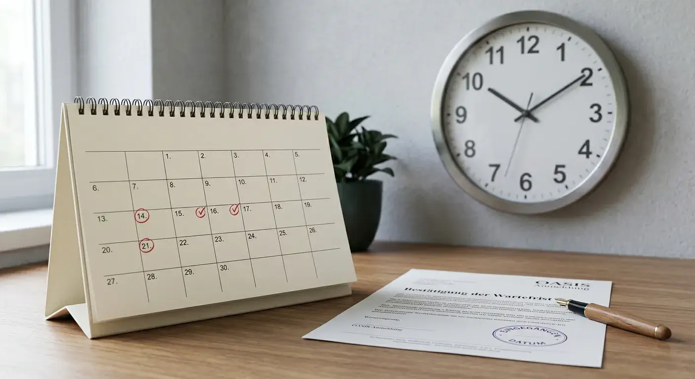 Kalenderblatt mit markiertem Datum und Uhr als Sinnbild für Mindestdauer und Wartefrist