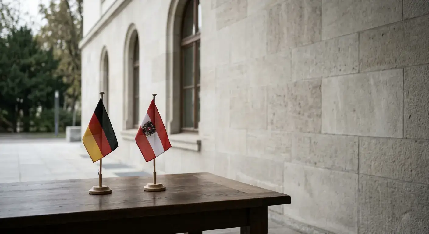 Österreichische und deutsche Flagge nebeneinander als Sinnbild für die Systemabgrenzung OASIS und GSpG