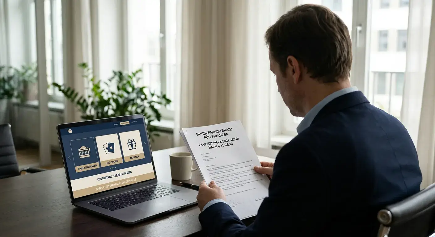Schreibtisch mit neutralem österreichischem Lizenzdokument und Laptop