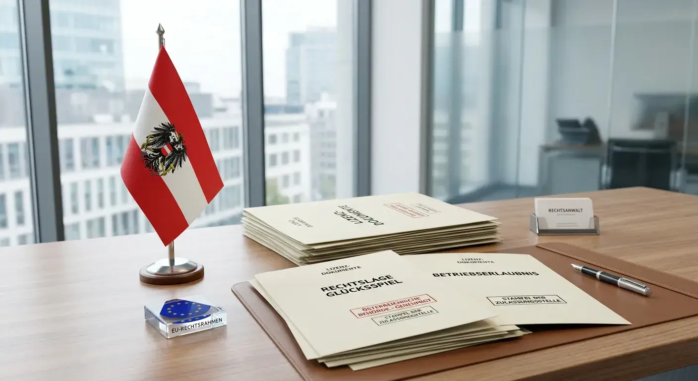 Österreichische Flagge neben Lizenz-Dokumenten und EU-Rechtssymbolen