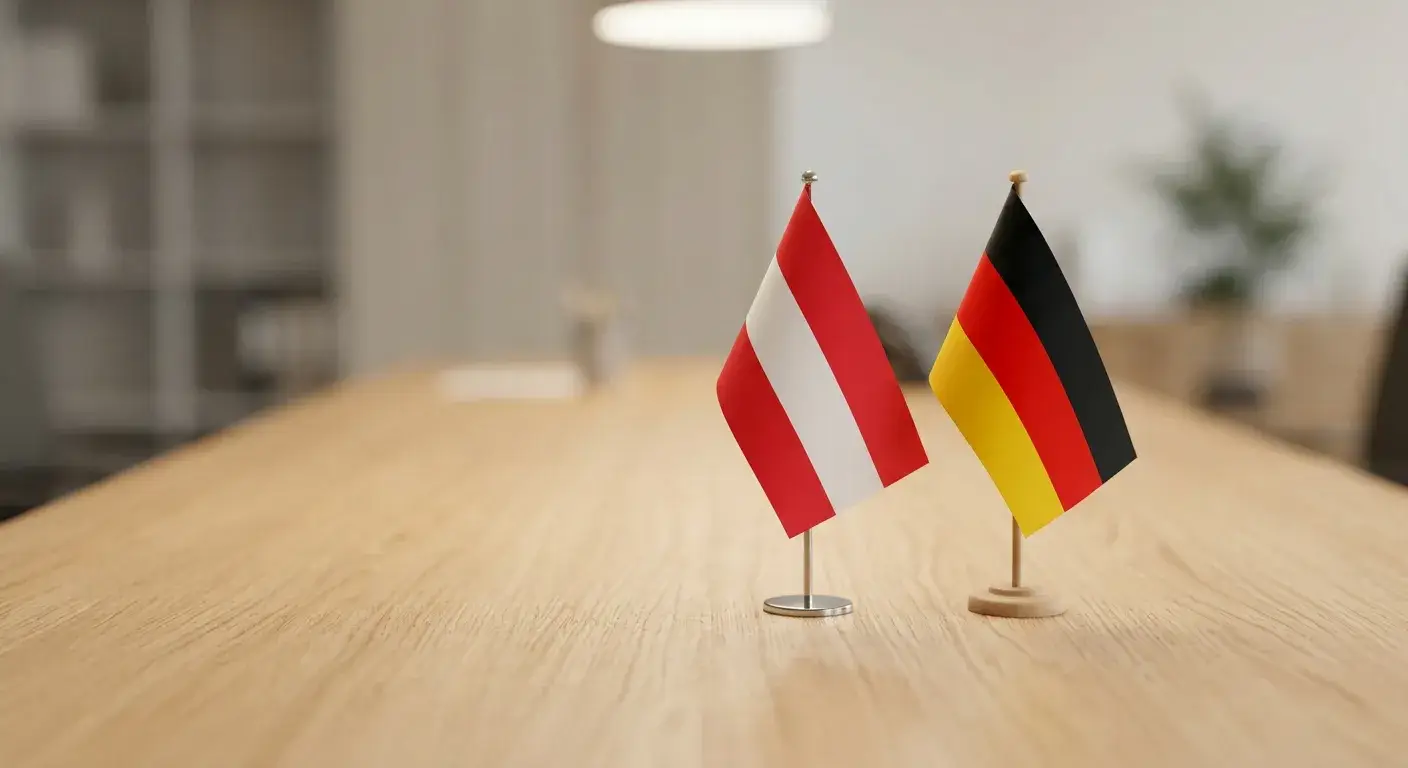 Österreichische und deutsche Flagge nebeneinander auf einem neutralen Schreibtisch