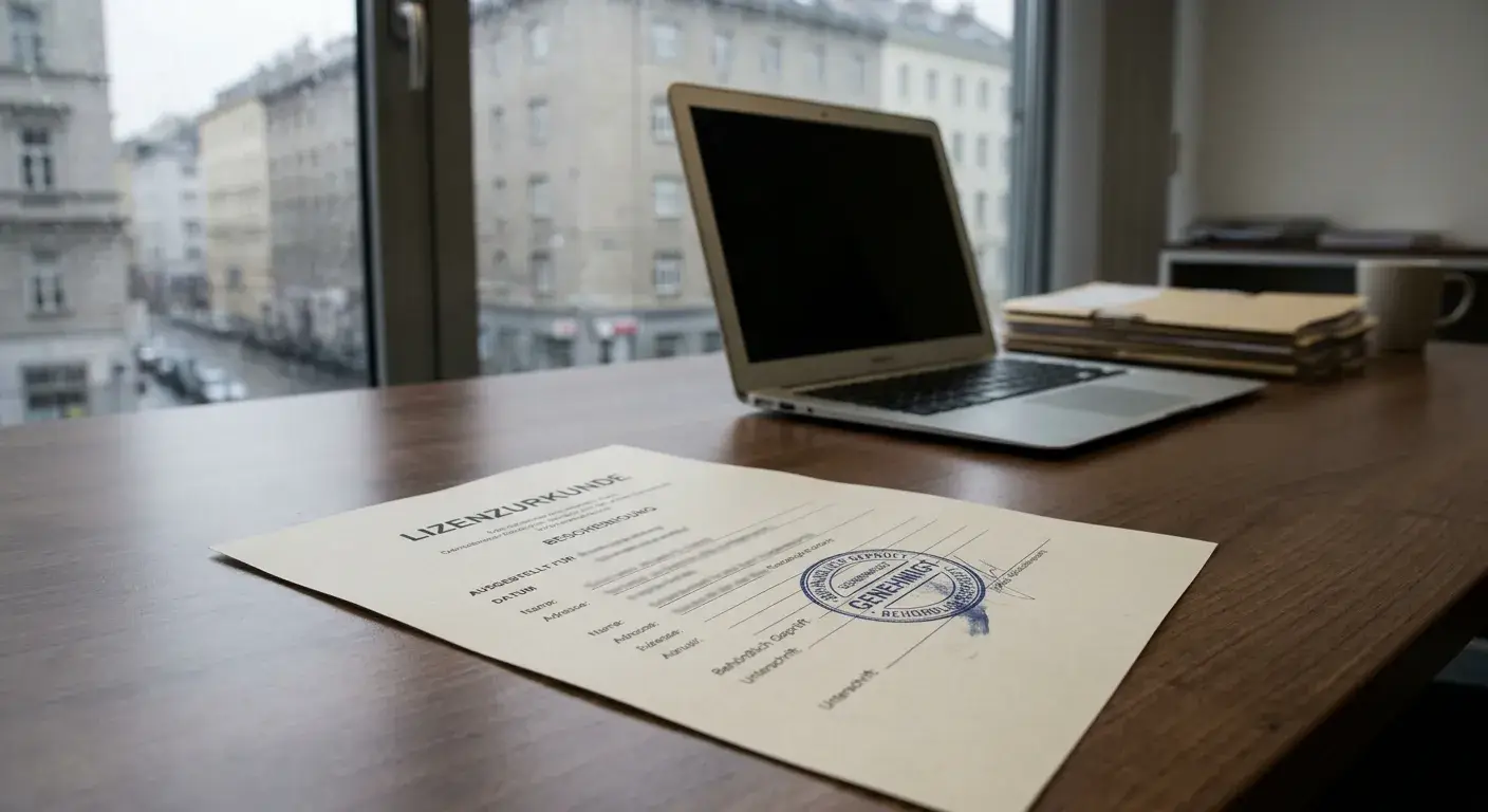 Neutrales Lizenzdokument auf einem Schreibtisch mit österreichischer Stadtansicht
