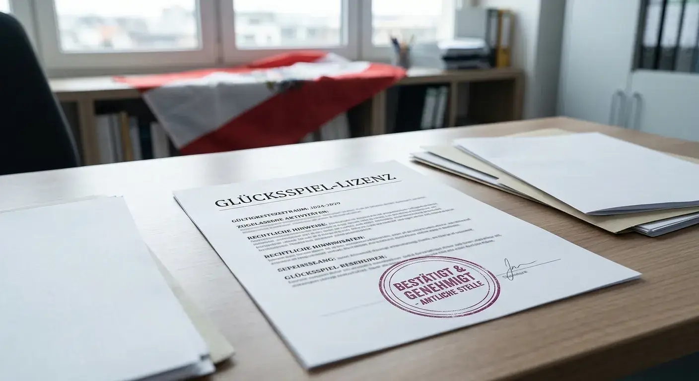 Schreibtisch mit offiziellen Dokumenten und gestempeltem Papier, österreichische Flaggenfarben im Hintergrund