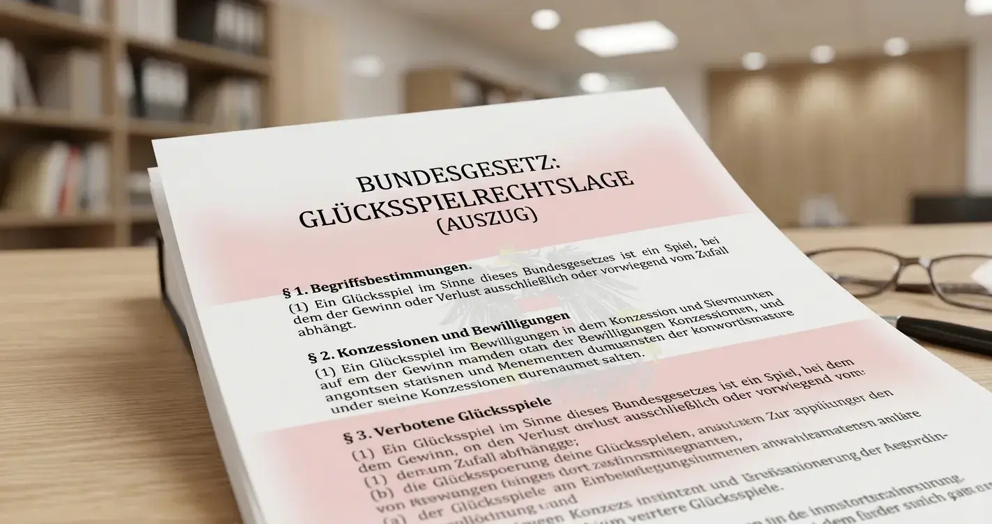 Dokument mit österreichischer Flagge und Glücksspielgesetz-Paragraphen