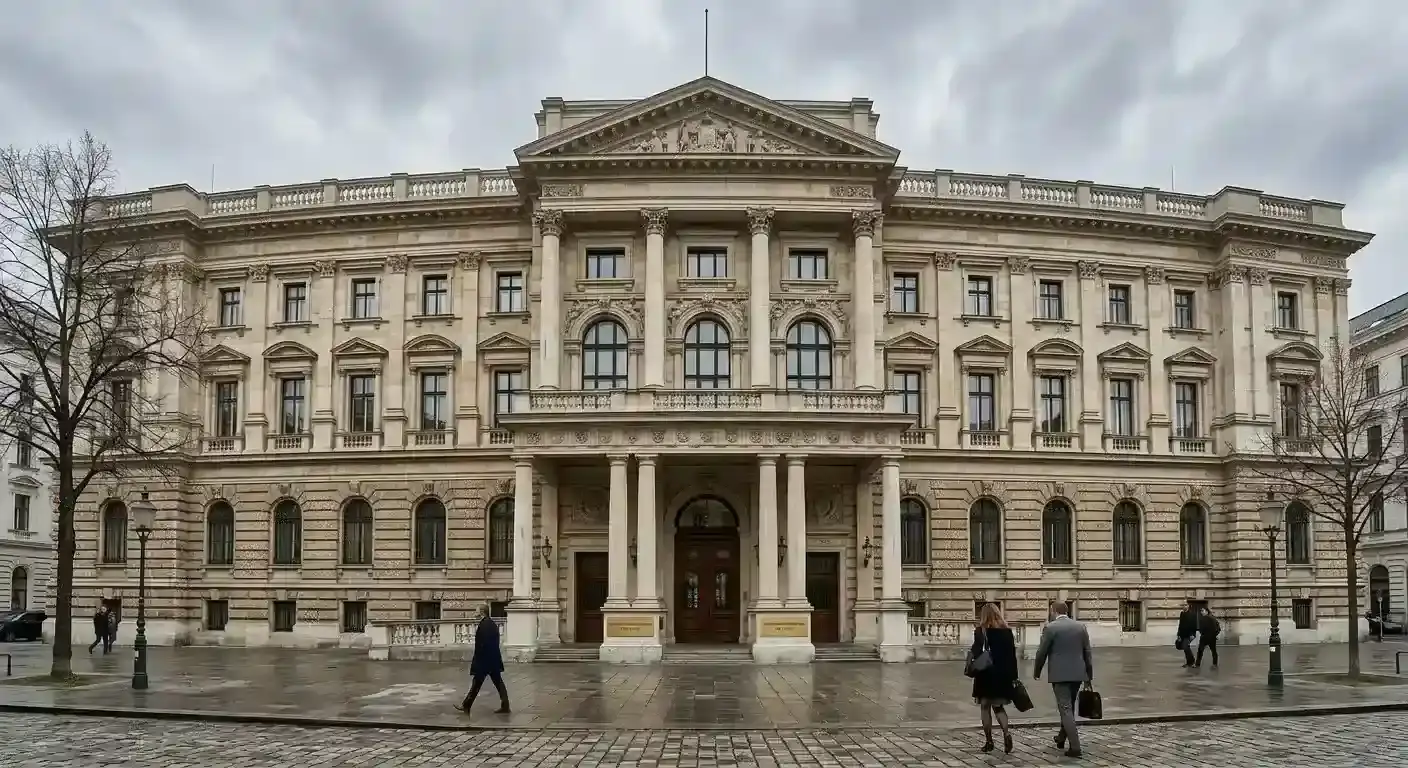 Klassisches österreichisches Regierungsgebäude mit klassizistischer Fassade unter bedecktem Himmel