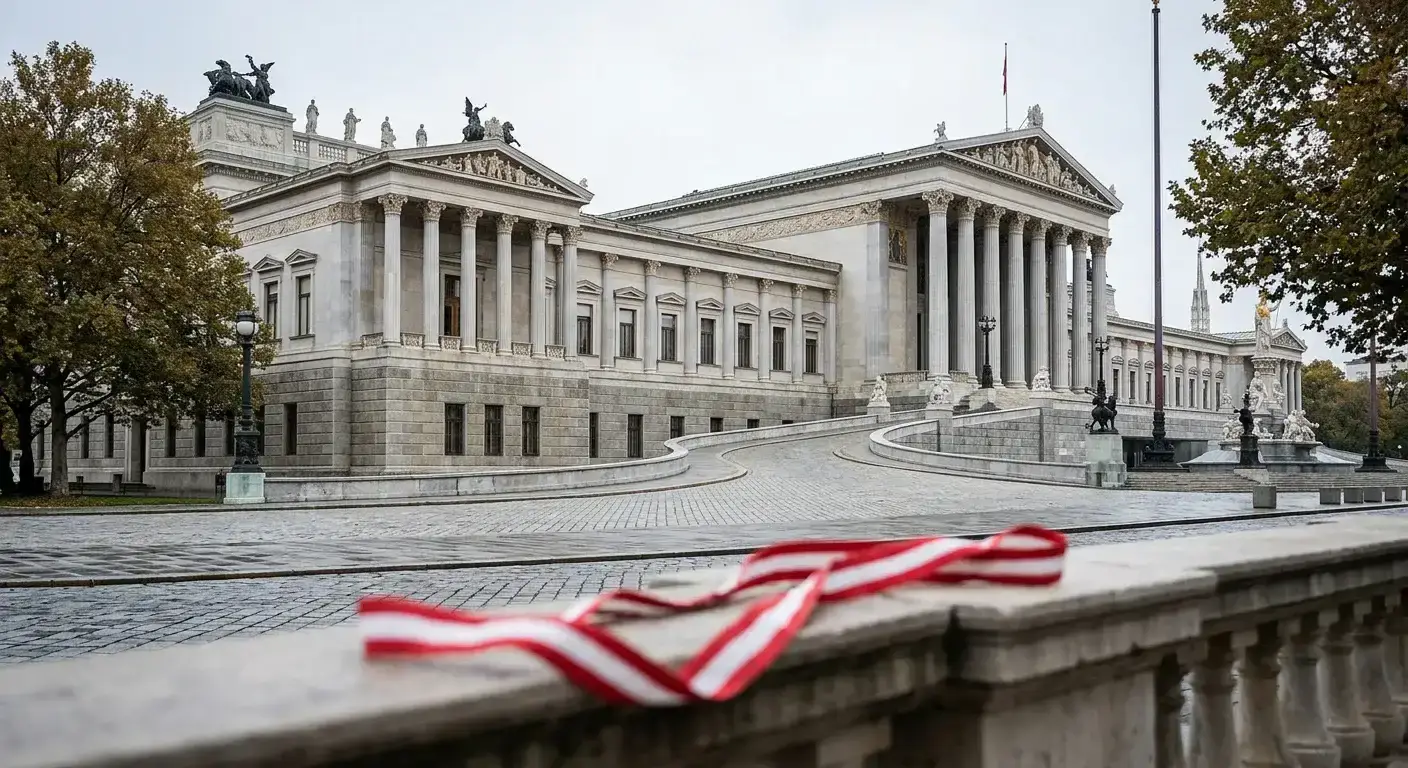 Klassisches Wiener Regierungsgebäude mit Säulen und dezenter rot-weiß-roter Schleife im Vordergrund