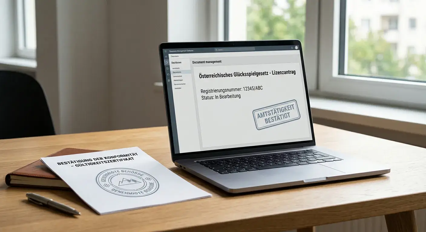 Laptop auf Schreibtisch mit offenem Dokument und amtlichem Stempel