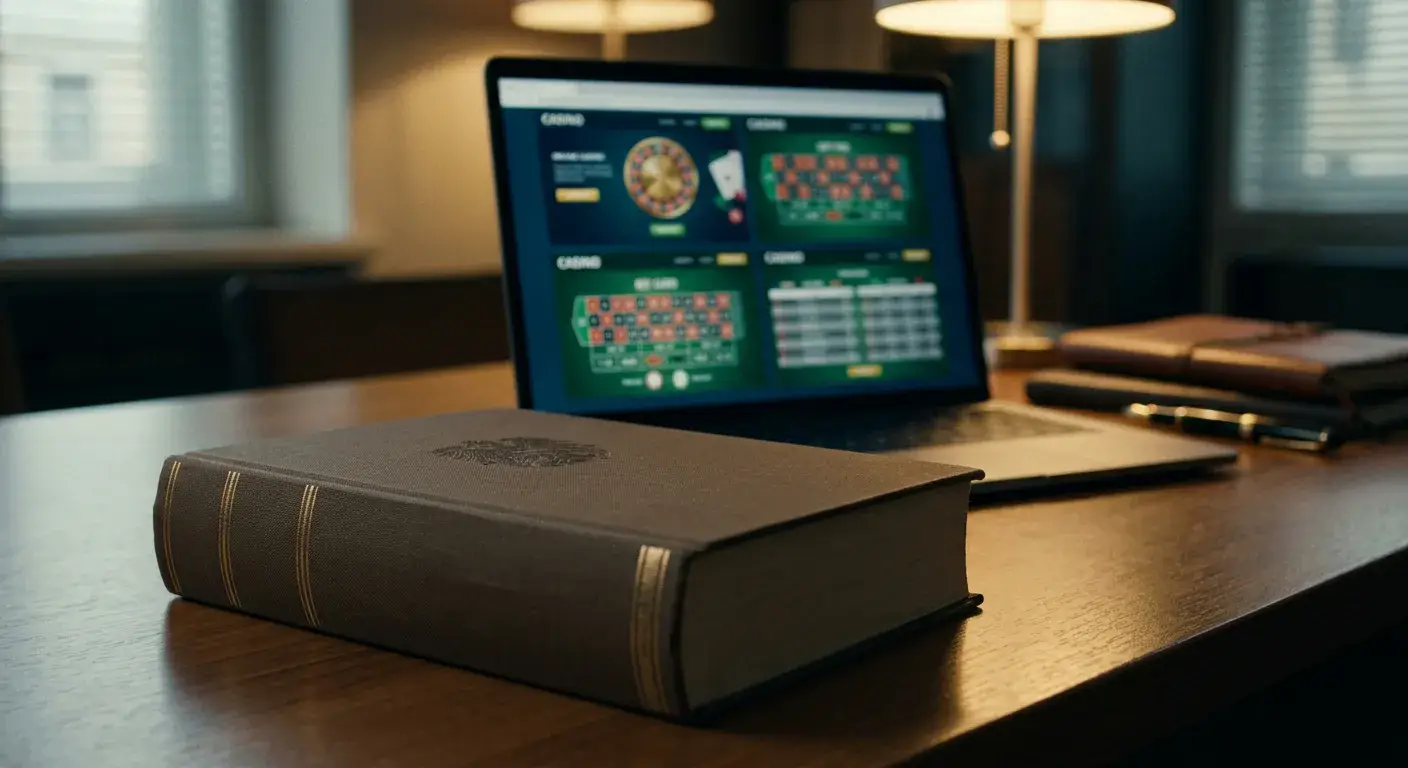 Österreichisches Gesetzbuch und Laptop mit Casino-Webseiten im Hintergrund