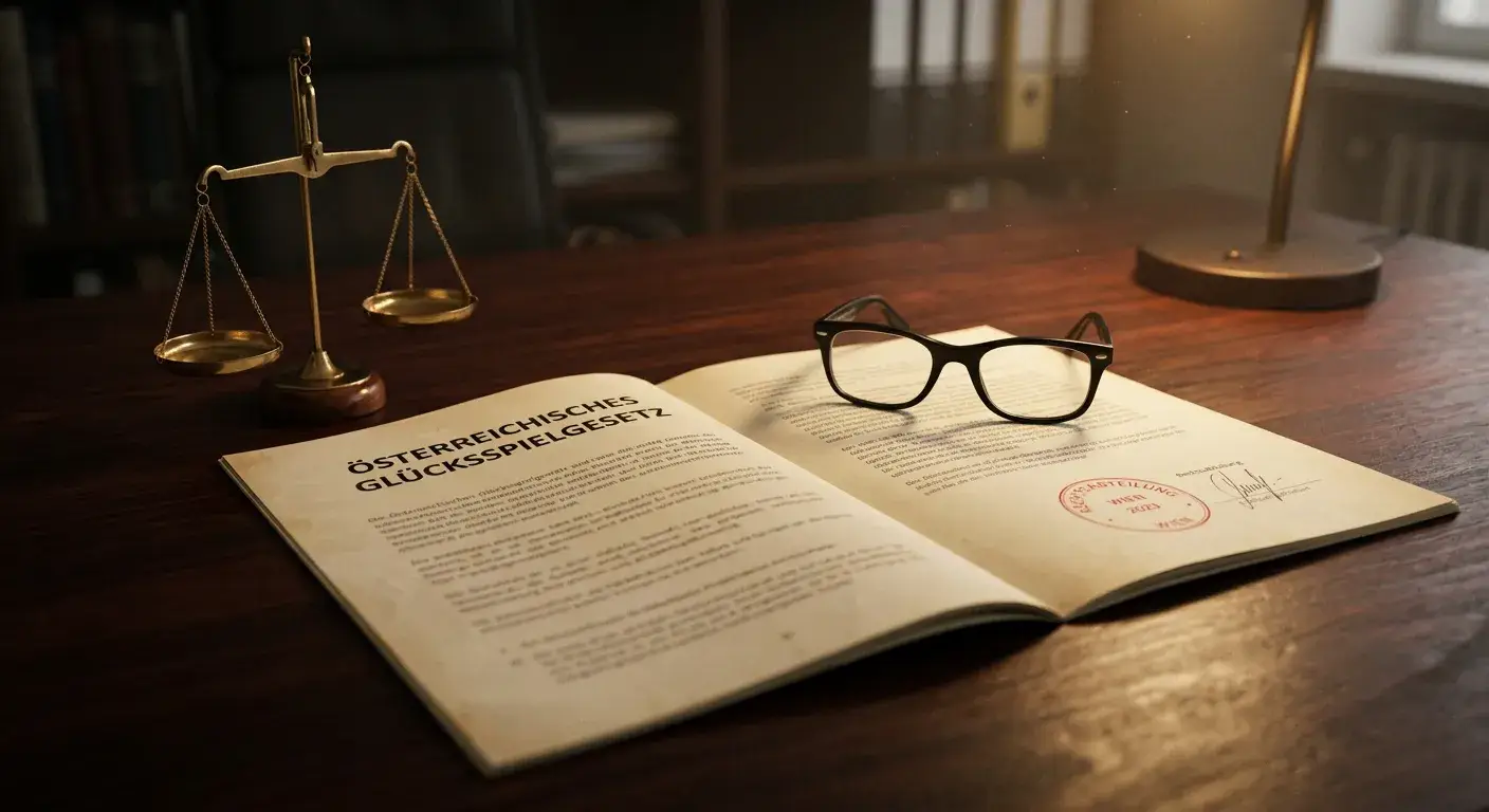 Gesetzestext auf einem Holztisch neben einer Justitia-Waage und einer Lesebrille