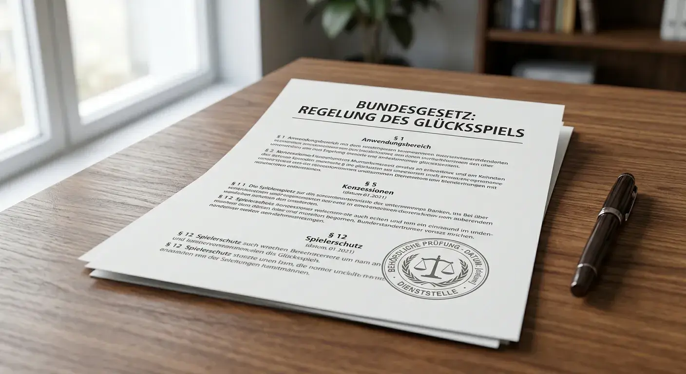 Druckexemplar eines Gesetzesdokuments mit neutralem Stempel auf einem Holztisch