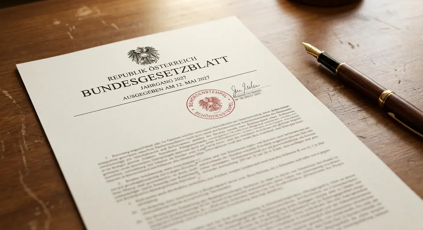 Österreichisches Glücksspielgesetz-Dokument mit Bundesadler-Stempel auf Schreibtisch