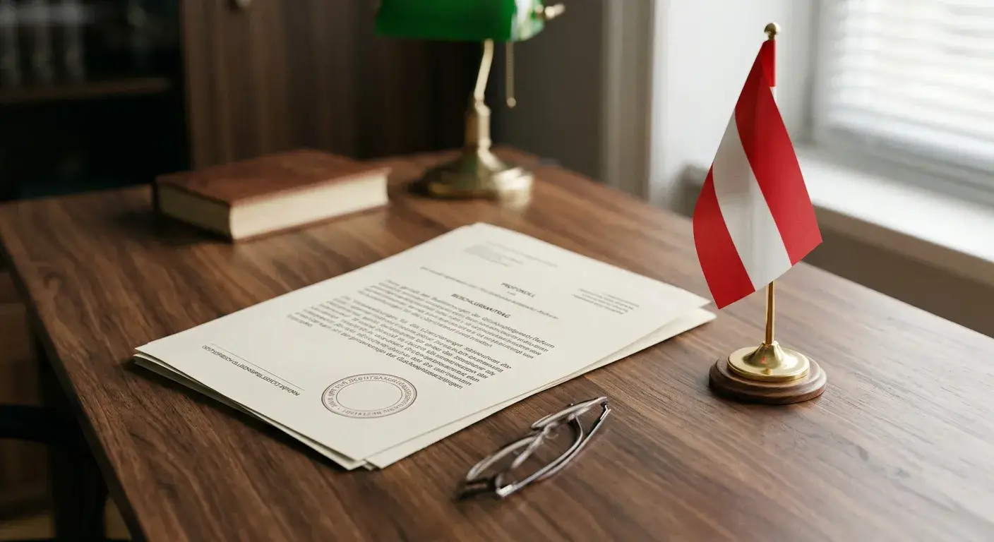 Offizielles Dokument mit neutralem Stempel auf einem Schreibtisch neben einer österreichischen Flagge