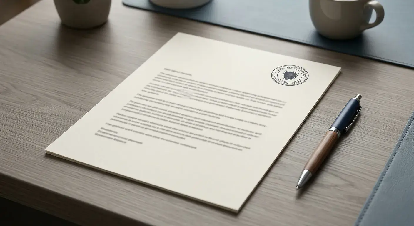 Neutrales Dokument mit offiziellem Stempel auf einem ordentlichen Schreibtisch