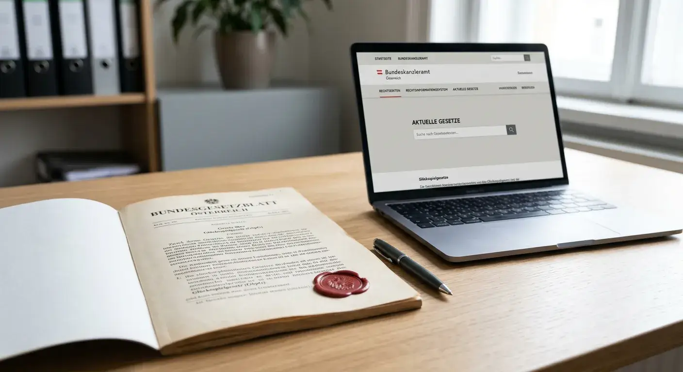 Schreibtisch mit geöffnetem österreichischen Gesetzesdokument und rotem Wachssiegel neben Laptop
