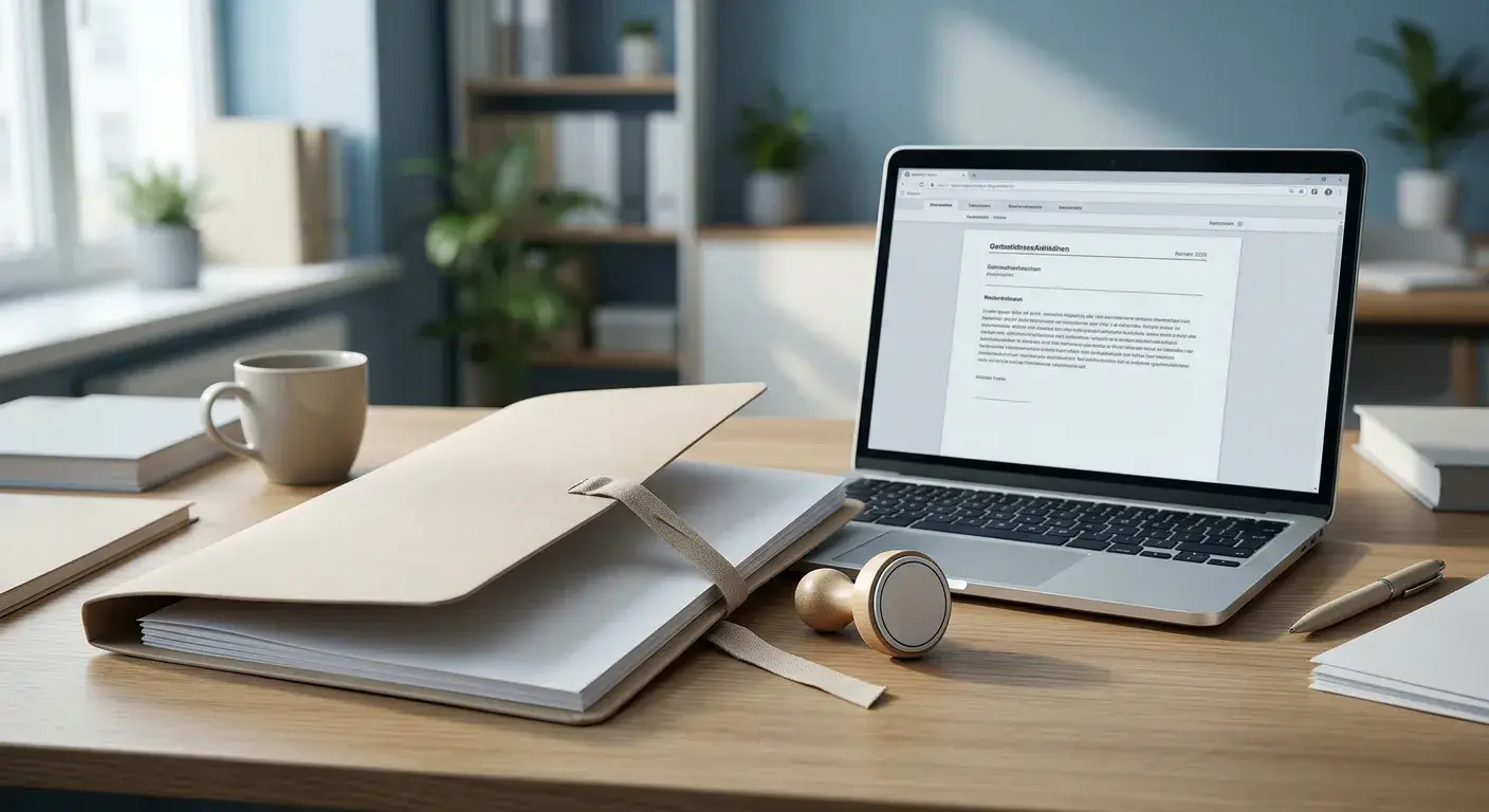 Ordner mit österreichischem Glücksspielgesetz und neutralem Behördenstempel neben einem Laptop
