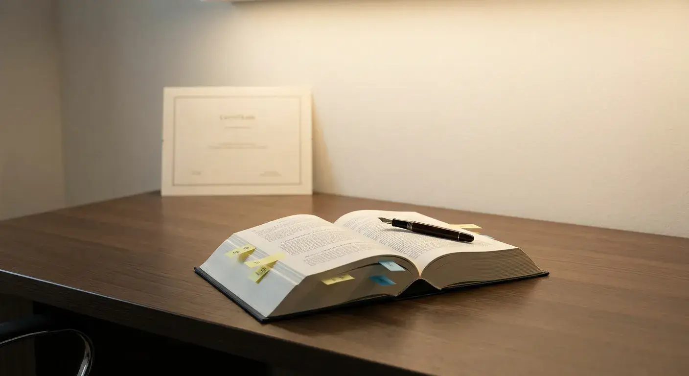 Offenes Gesetzbuch auf einem Holztisch mit Füller, daneben ein neutraler Urkundenrahmen ohne Wappen