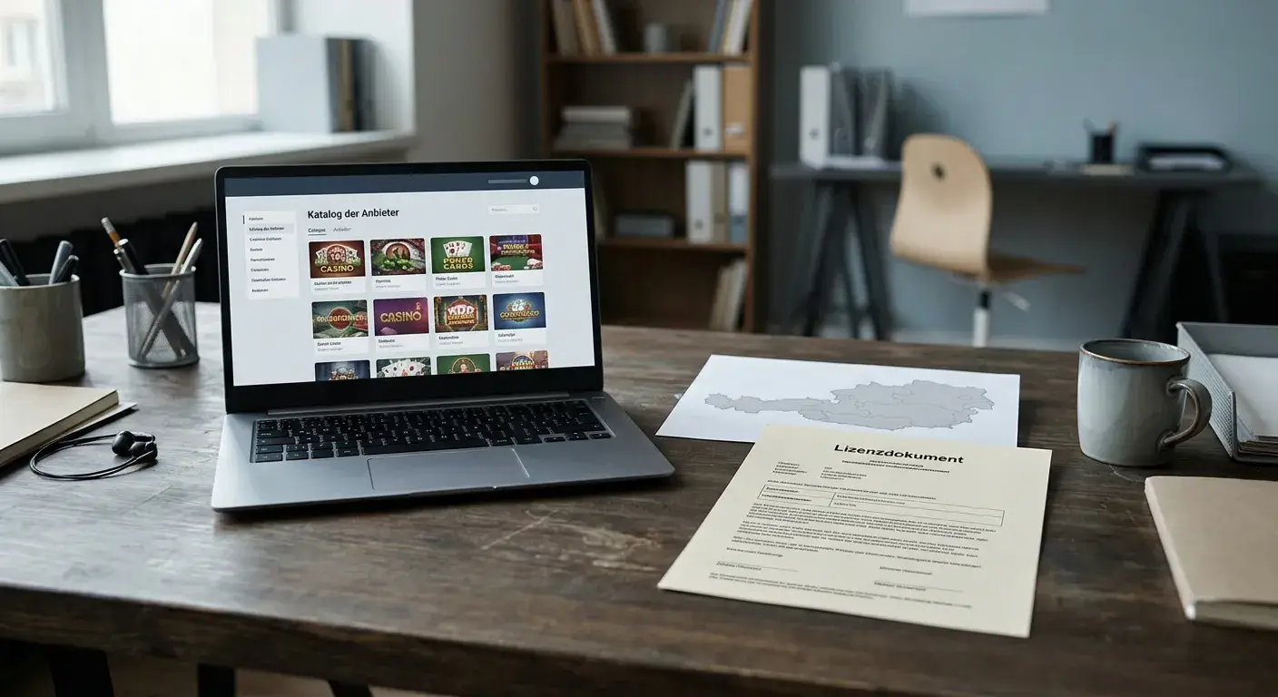 Neutraler Laptop mit Lizenzdokument und Spielauswahl ohne Markenlogos