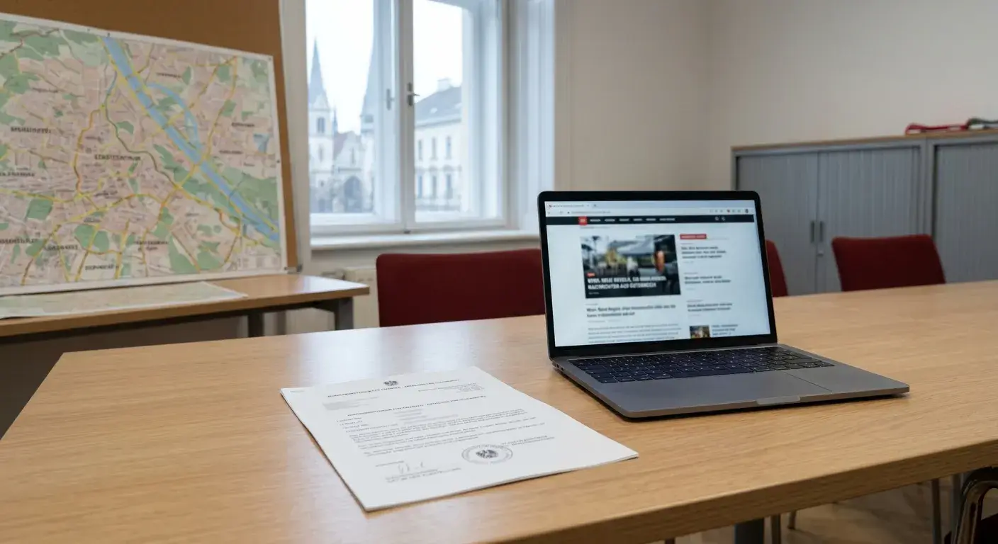 Neutrales österreichisches Konzessionsdokument neben Laptop im hellen Büro