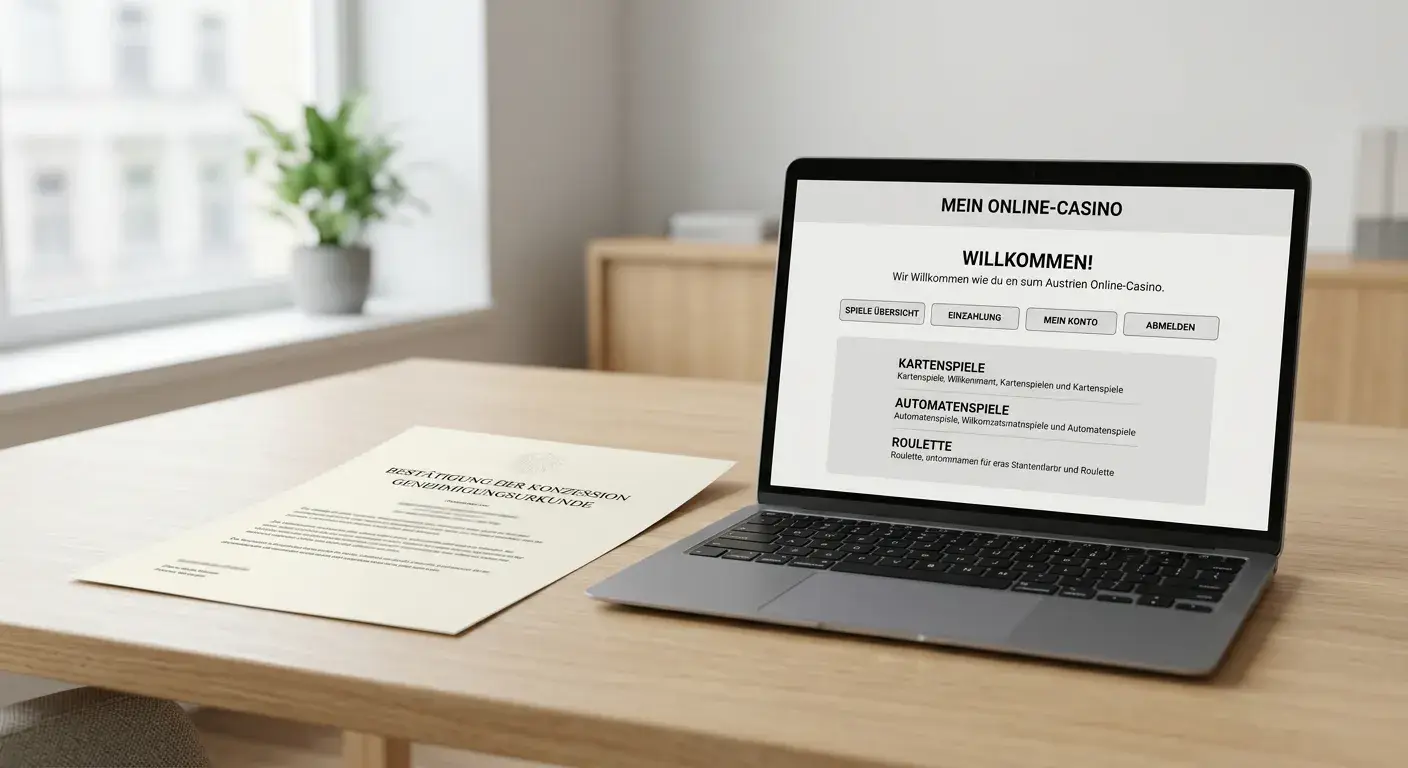 Neutrales österreichisches Konzessionsdokument neben einem Laptop