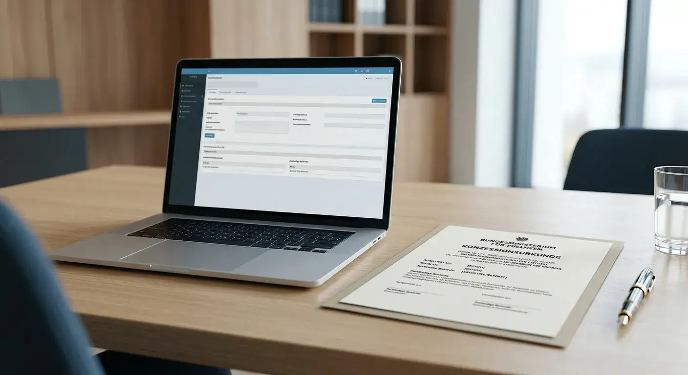 Neutrales Konzessionsdokument neben einem Laptop in österreichischer Büroumgebung