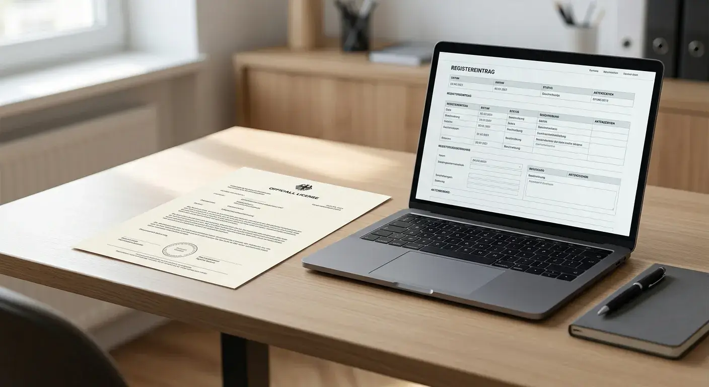 Neutrales Konzessionsdokument auf einem Bürotisch neben einem Laptop mit österreichischer Recherche