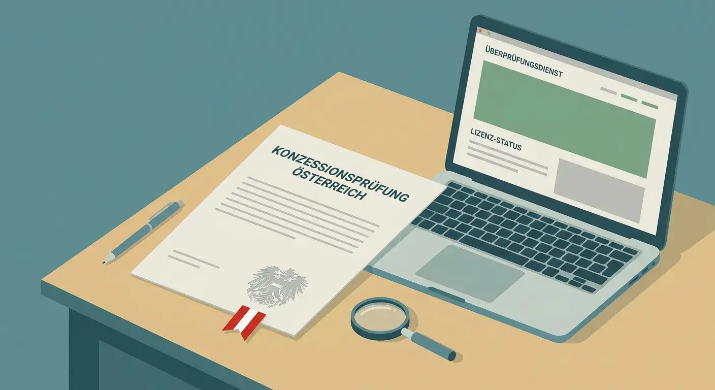 Neutrales österreichisches Konzessionsdokument neben einem Laptop