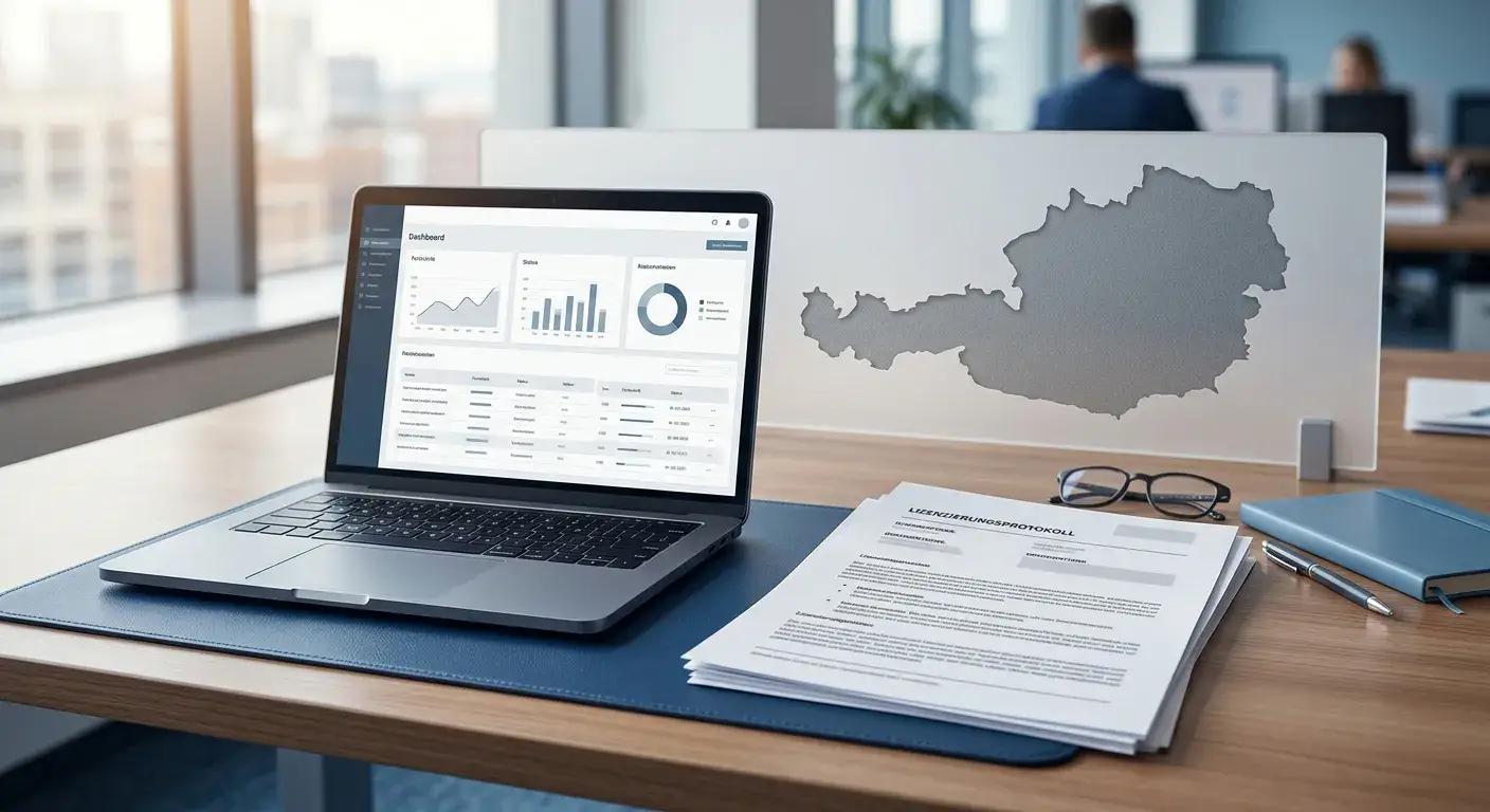 Neutrales Lizenzdokument und Laptop mit österreichischer Landkarte ohne Logos