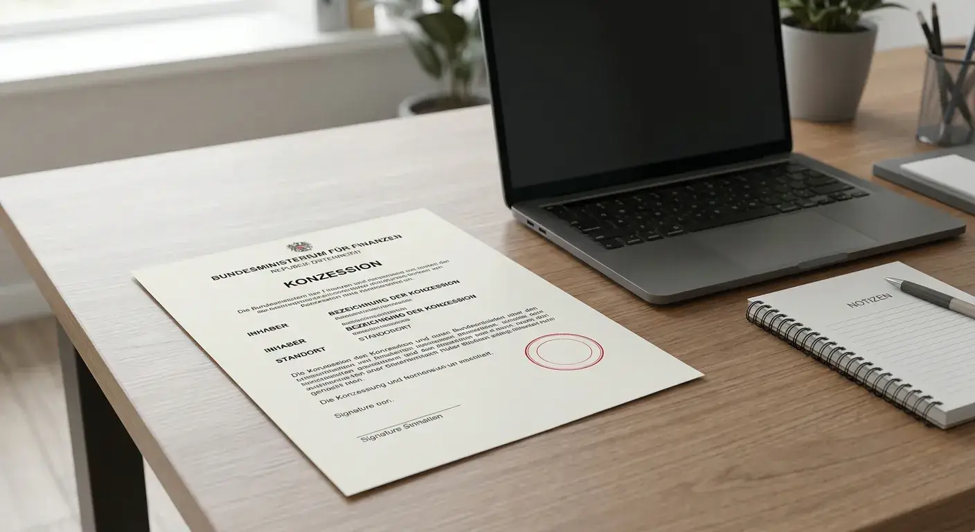 Neutrales österreichisches Konzessionsdokument neben Laptop und Notizblock