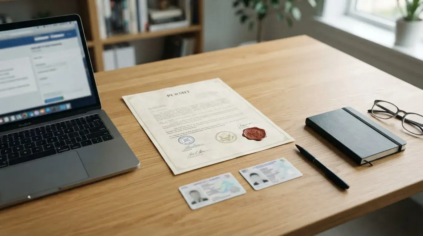 Neutrales Dokument mit Siegel neben Laptop und Ausweis