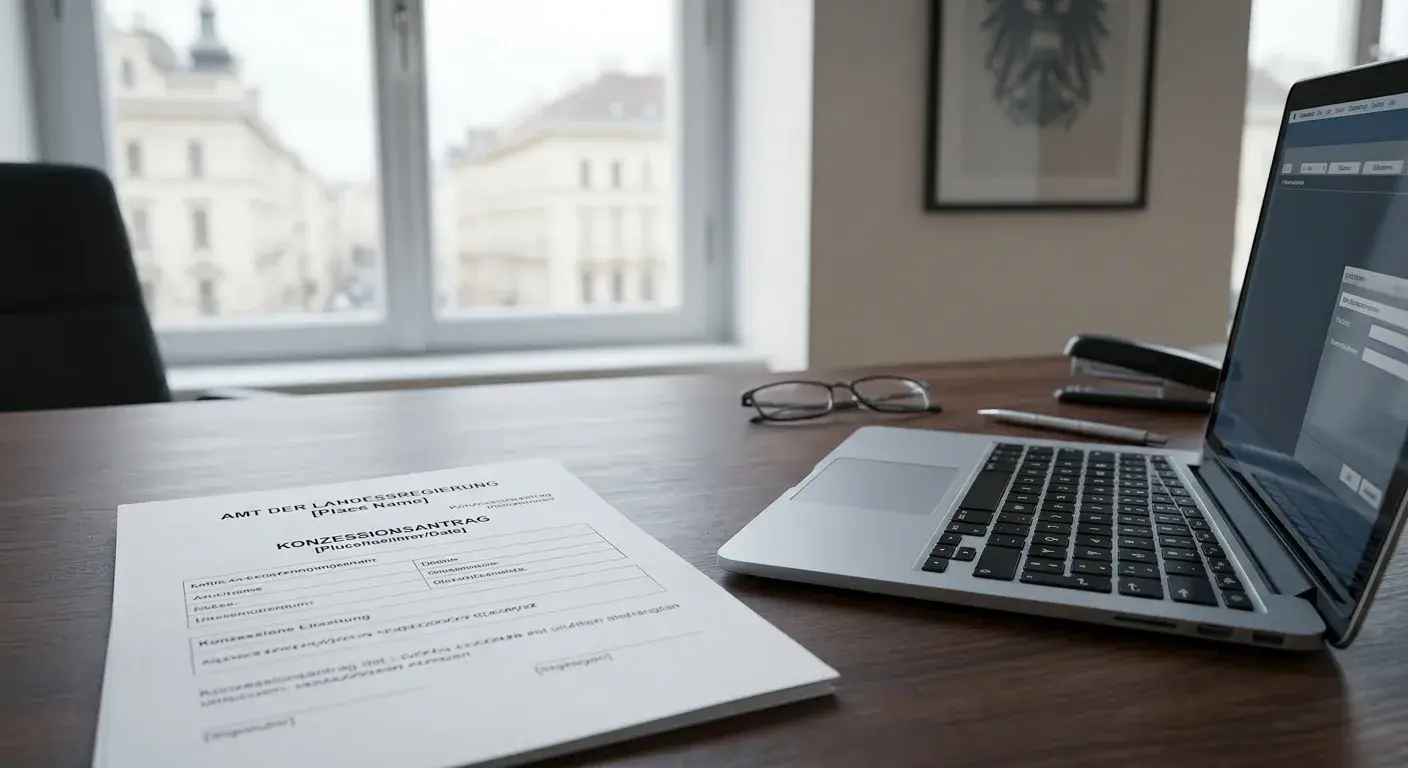 Neutrales österreichisches Konzessionsdokument neben einem Laptop