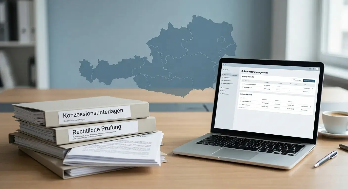 Neutrales Konzessionsdokument neben Laptop und österreichischer Landkarte