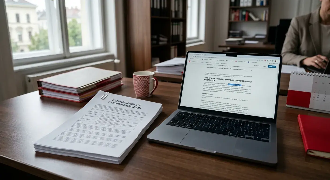 Neutrales Konzessionsdokument und Laptop in einem ruhigen österreichischen Büro