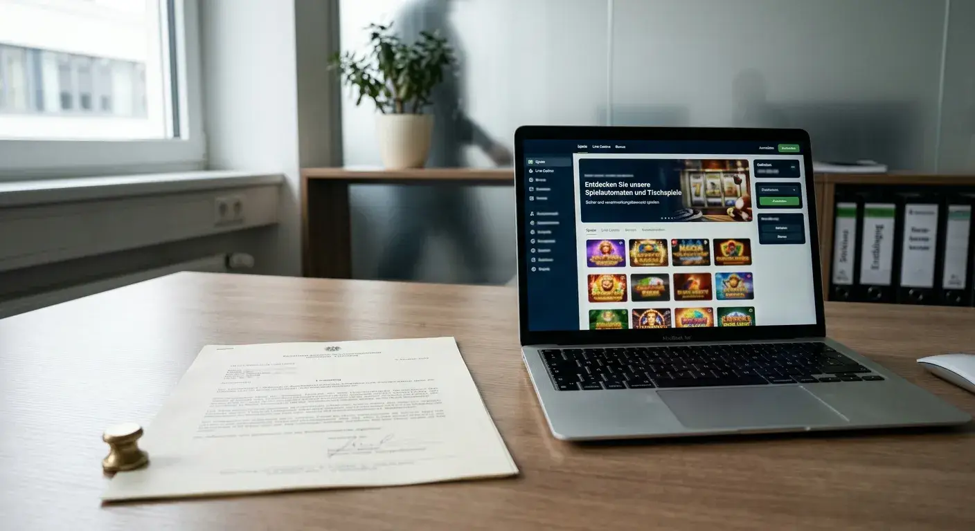 Neutrales Konzessionsdokument neben Laptop für österreichisches Online-Glücksspiel