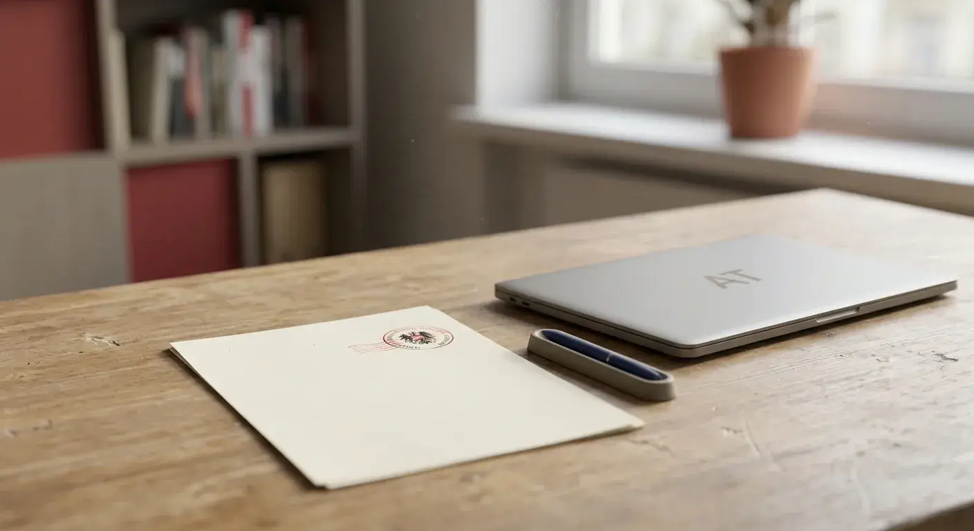 Neutrales österreichisches Konzessionsdokument neben Laptop ohne Markenlogo