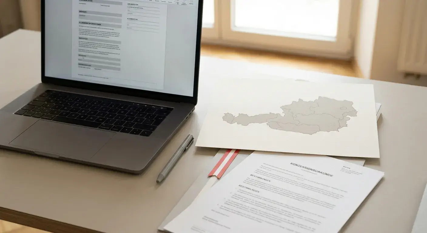 Neutrale Konzessionsurkunde neben Laptop mit österreichischer Landkarte ohne Logos