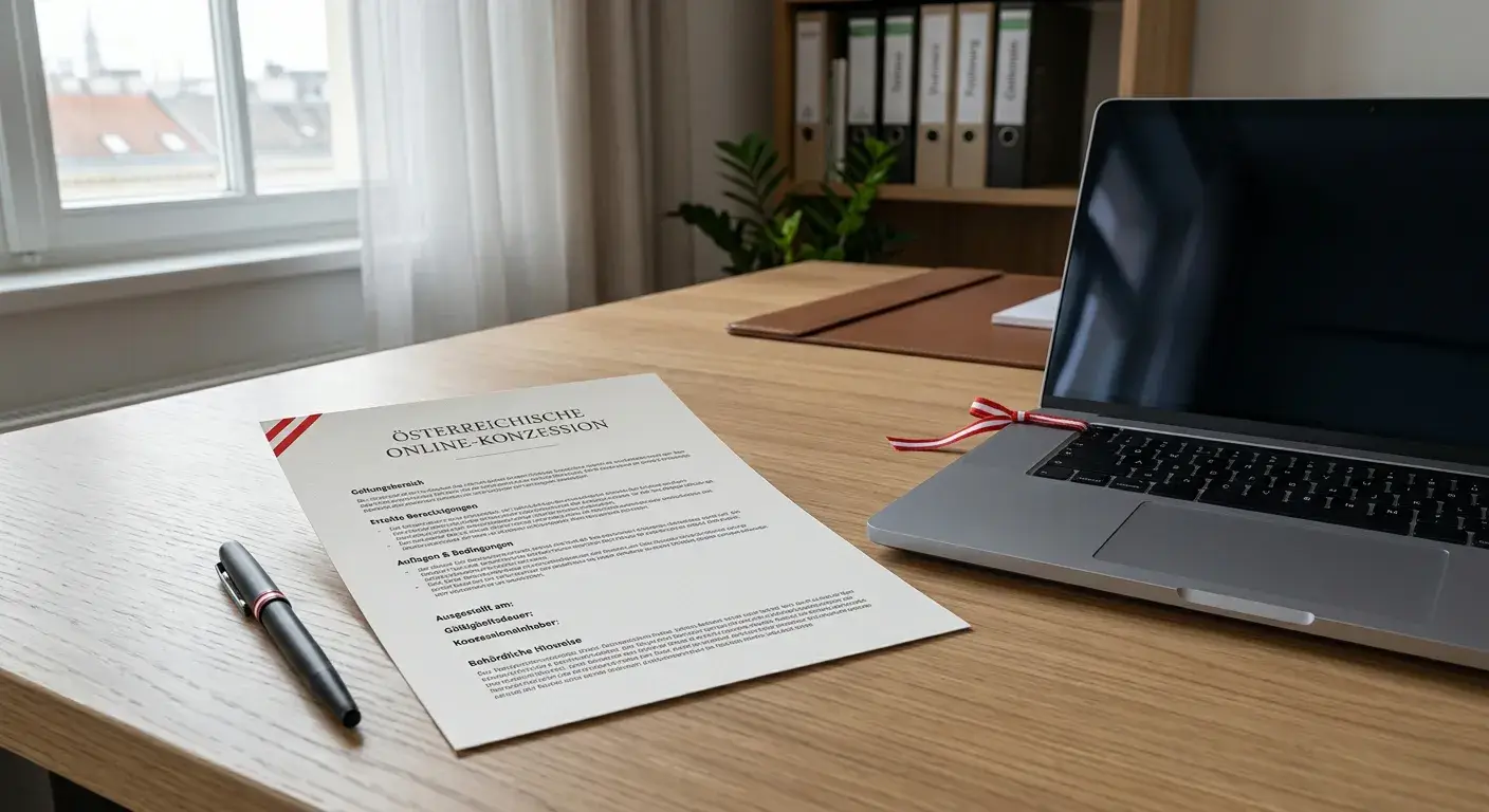 Neutrales österreichisches Konzessionsdokument neben einem Laptop