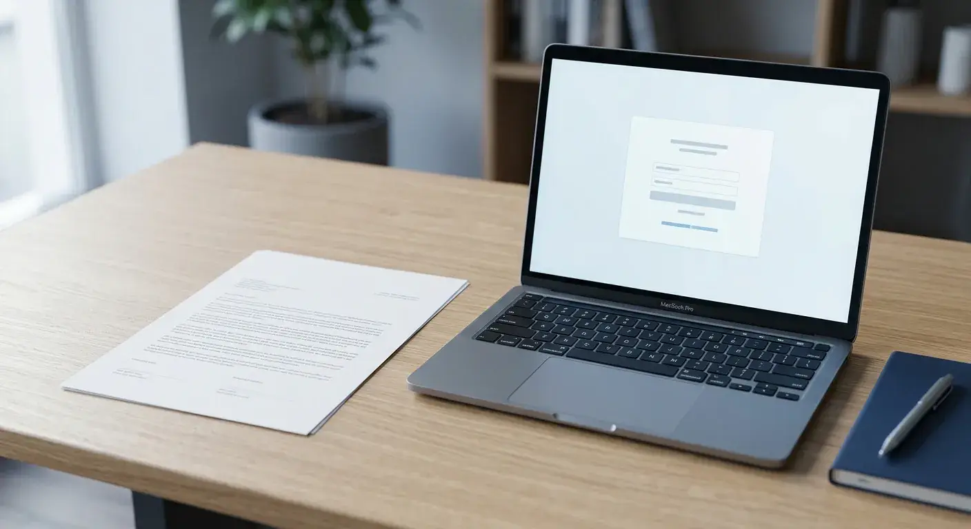 Neutrales österreichisches Konzessionsdokument neben Laptop