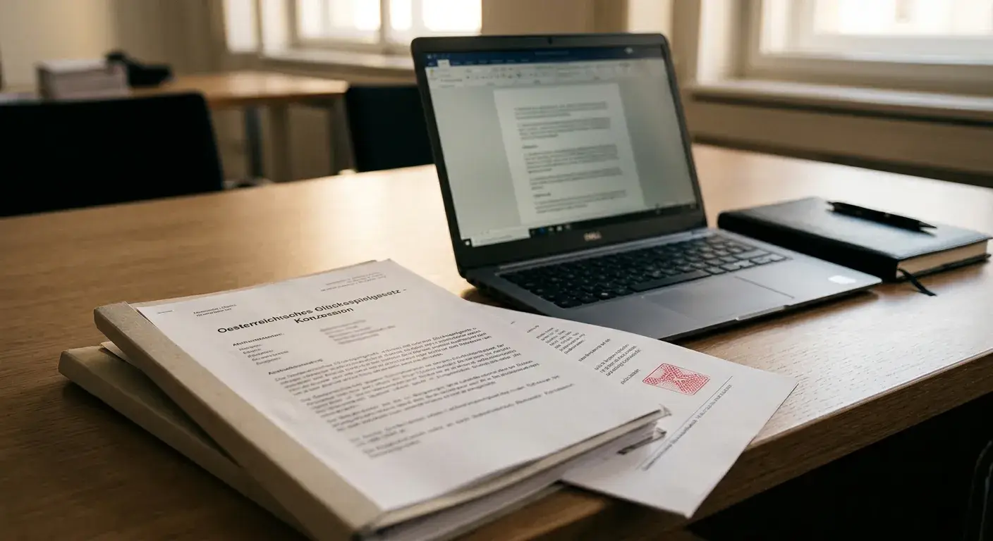 Neutrales österreichisches Konzessionsdokument neben einem Laptop