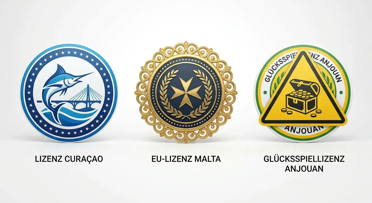Drei Lizenz-Siegel: Curaçao GCB, Malta MGA, Anjouan mit Warnsymbol
