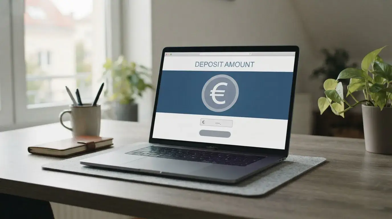 Laptop mit neutraler Casino-Kassenseite und symbolischem Eurozeichen