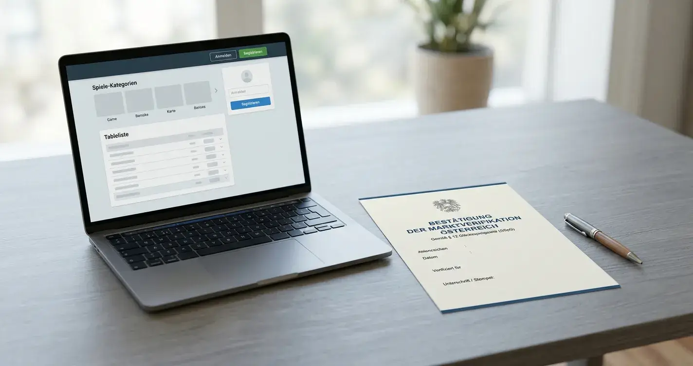 Laptop mit neutraler Casino-Oberfläche und österreichischem Prüfvermerk