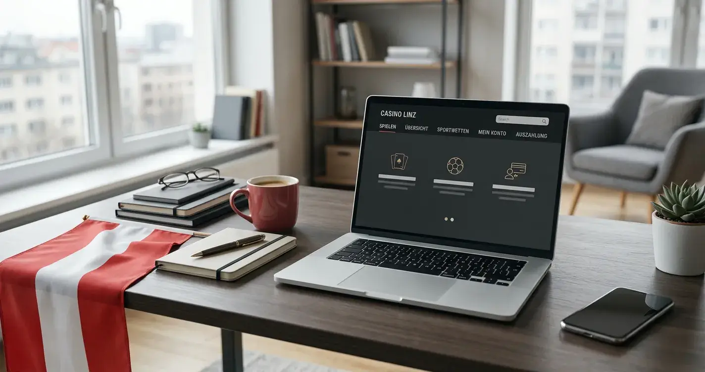 Österreichische Flagge und Laptop mit neutralem Casino-Interface auf einem Schreibtisch