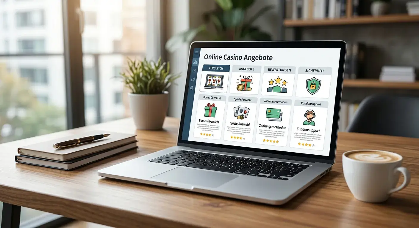 Laptop auf Schreibtisch mit Casino-Vergleichsübersicht