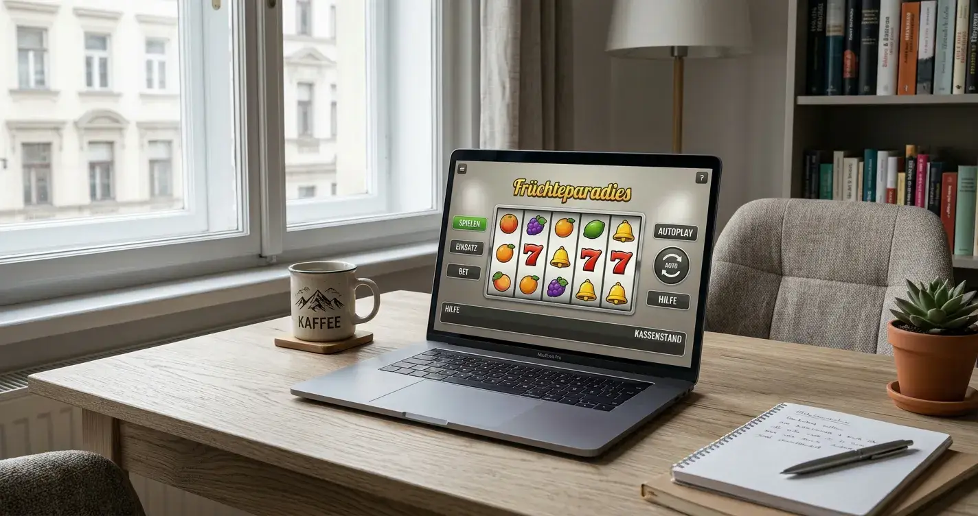 Online Casino mit Autoplay in Österreich am modernen Arbeitsplatz mit Spielautomaten-Interface