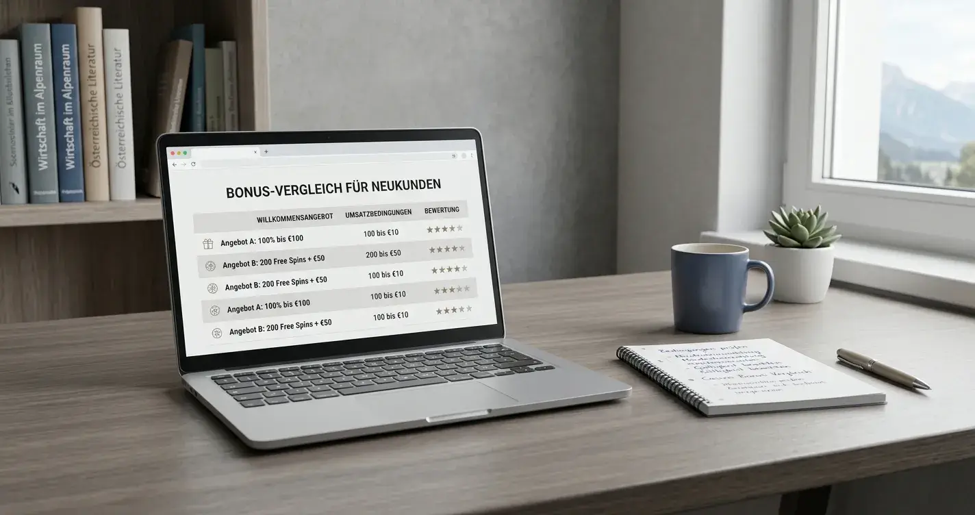 Schreibtisch mit Laptop und neutralem Bonusvergleich für Österreich